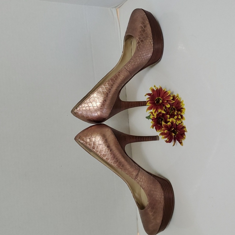 Enzo Angiolini "Smiles" Bronze Stacked Wood Platform Stilettos Pumps, 8.5